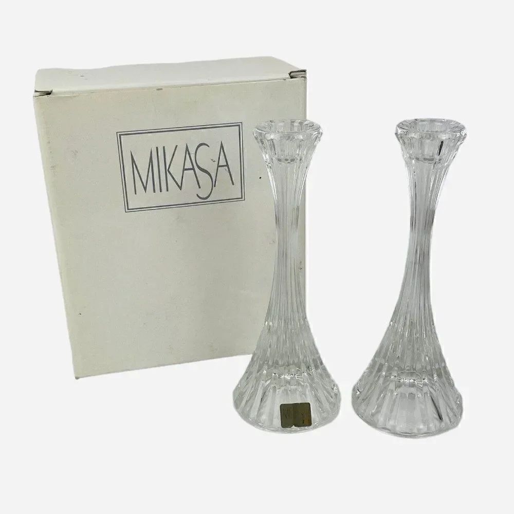 Vintage Mikasa Park Lane Crystal 8" Candleholders Set 2 Austria Tall Taper Stick